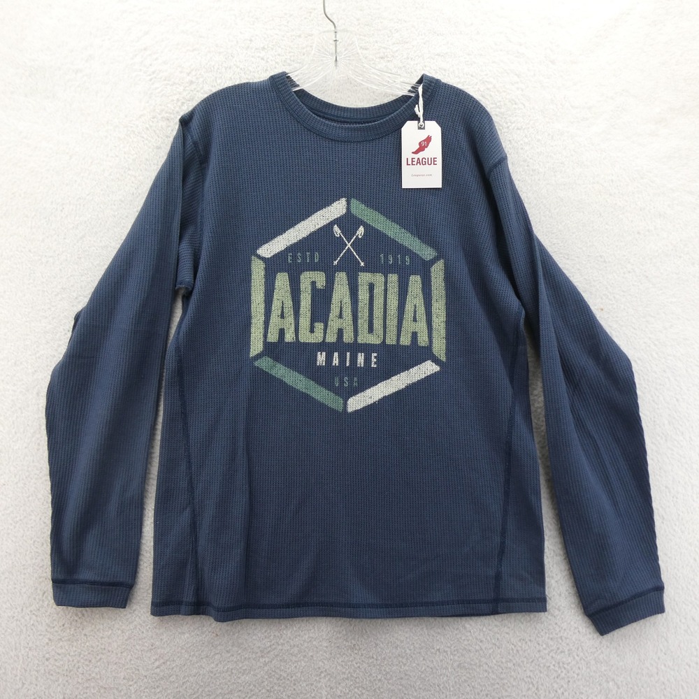 League Waffle Knit Shirt Mens Large Acadia Maine Blue Graphic Long Sleeve Cotton